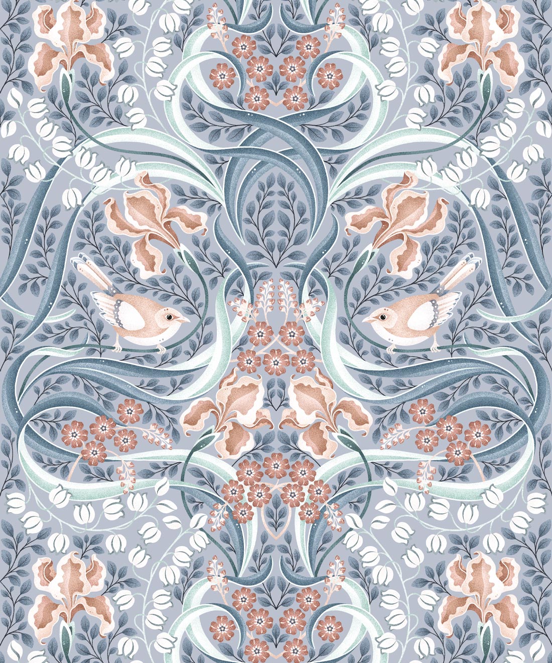 Bellbirds & Iris Wallpaper • Folklore & Flora • Dusty Blue • Swatch